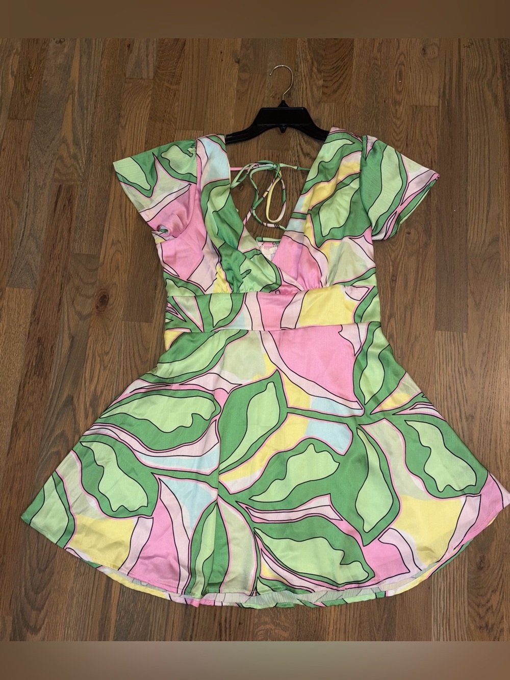NWT GB Green Pink Abstract Print Mini Dress Smocked Back Large